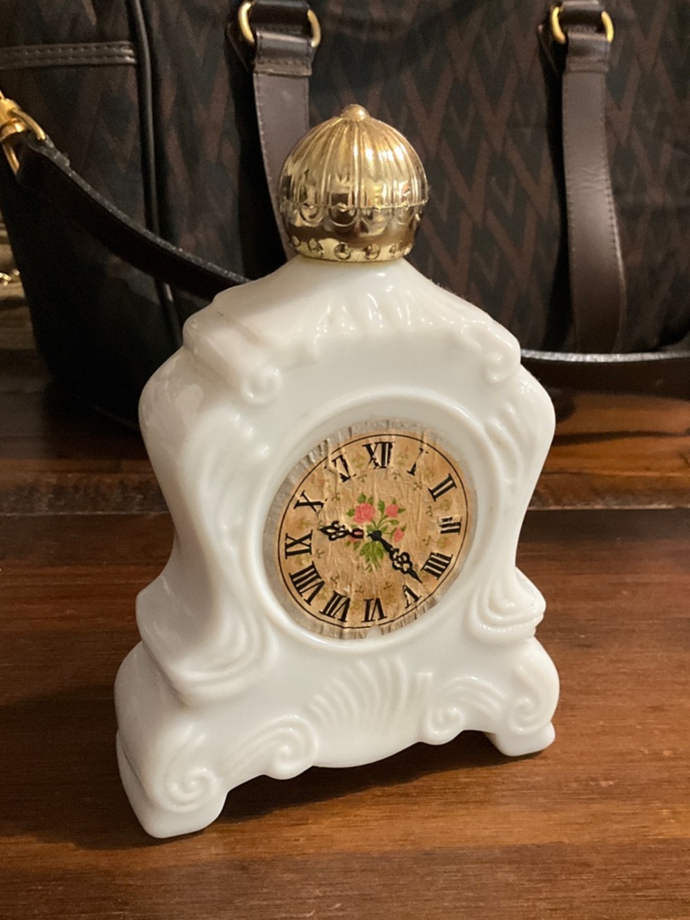 Avon White Mantel-Style Wall Clock perfume bottle with Gold Accents